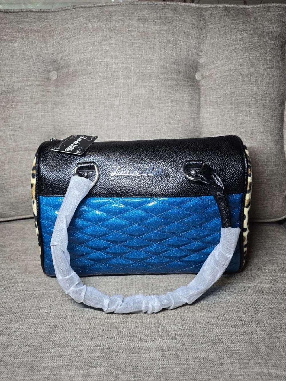 Lux de Ville retro blue sparkle & leopard bag 🖤 💙 ✨